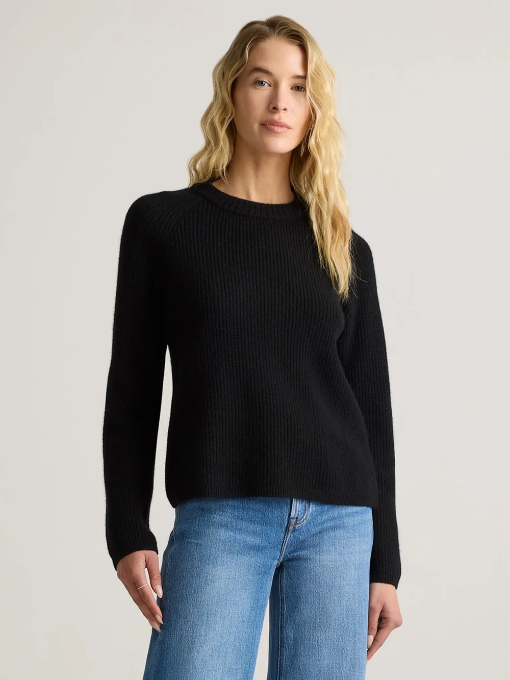 Quince Women’s Mongolian Cashmere Fisherman Crewneck Sweater Black XS